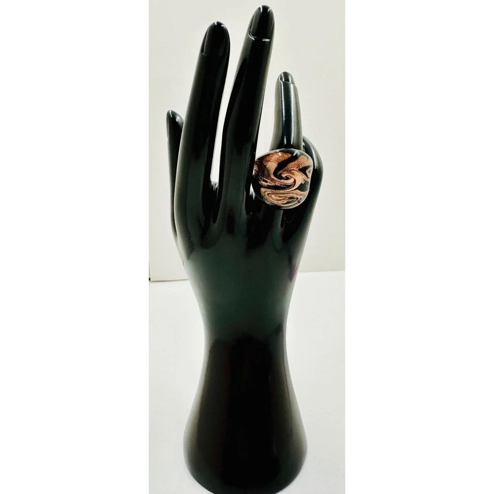 Venetian Murano Glass  Statement Ring Copper Aventurine Swirl Brown Tiger Size 7